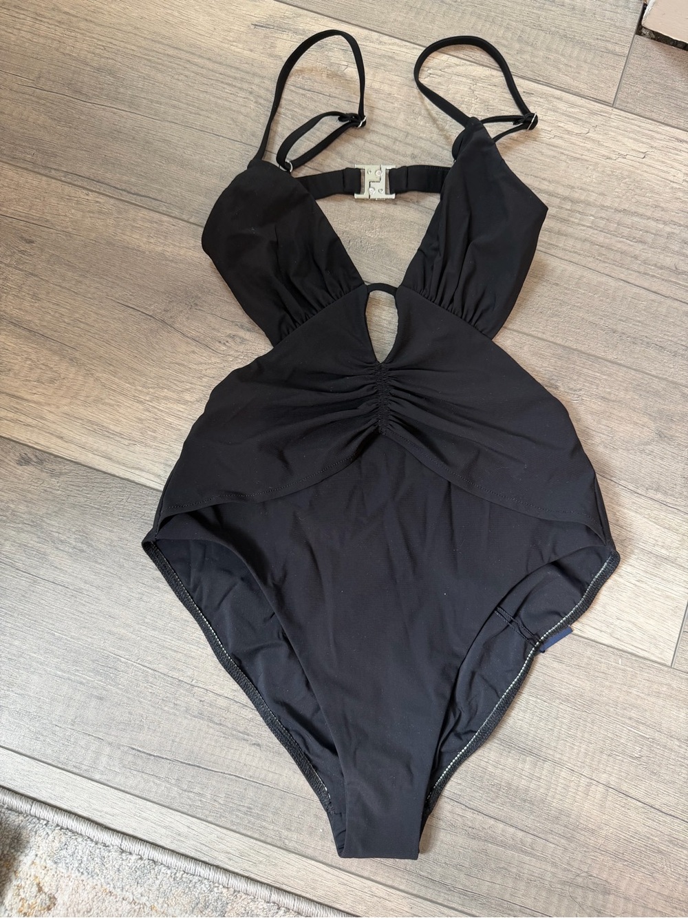 Black Cutout One-Piece Swimsuit with Ruched Front
